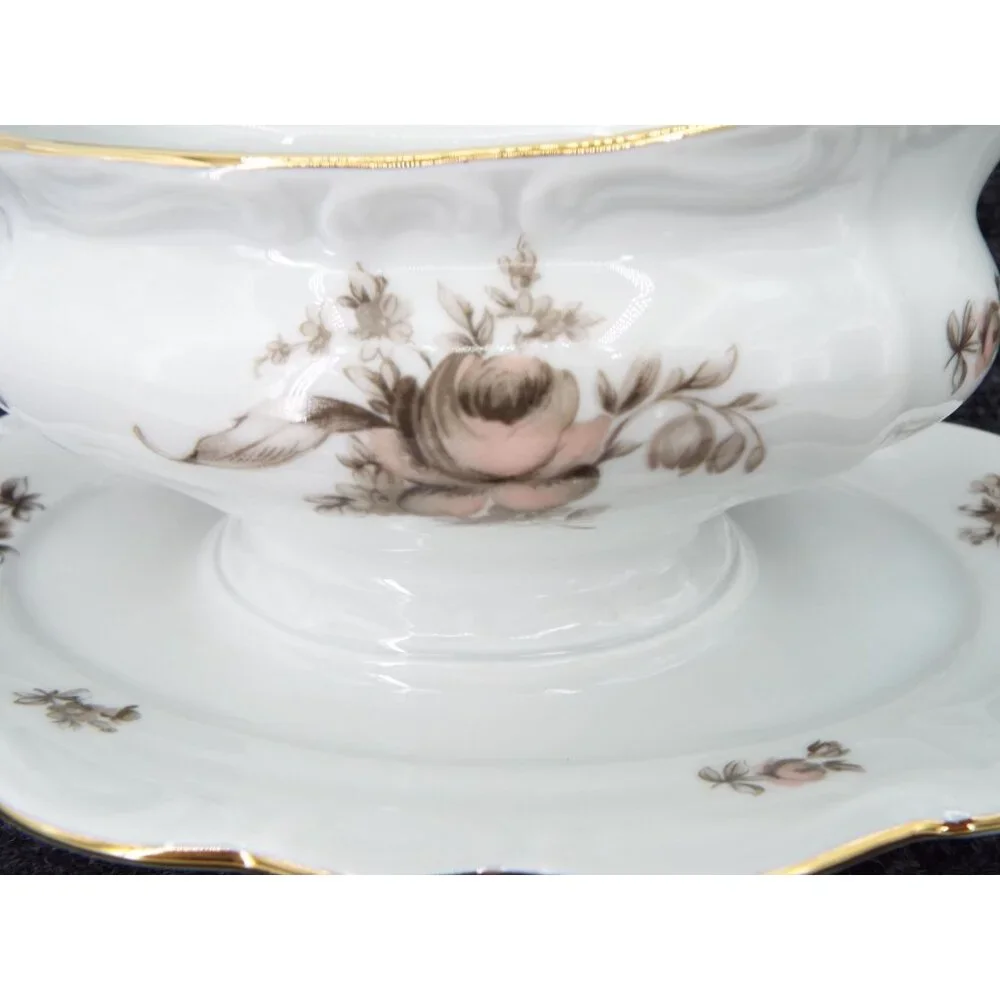 Johann Haviland Sepia Rose Gravy Boat Attached Underplate Bavaria Germany